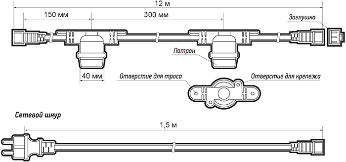 гирлянда "Белт-лайт" 12м Jazzway серии PBL - размеры и схема гирлянды