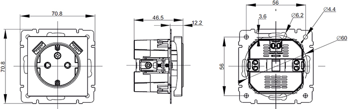 розетка 1-местная с з/к и 2хUSB IEK Brite - размеры