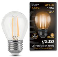 Лампа свд 220В E27 5Вт 2700К 420лм шар G45 прозрачная Gauss