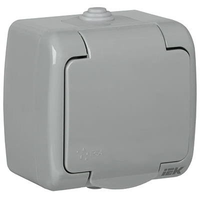 Акватик серый розетка открытая 1-мест заземление с крышкой IP54 