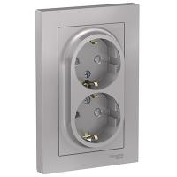 Атлас алюминий розетка скрытая 2-мест заземление шторки IP20 