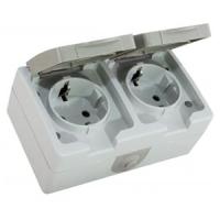 Вуокса серый розетка открытая 2-мест заземление с крышкой IP54 