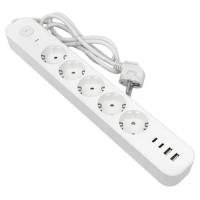 Удлинитель 5-мест 1,5м ПВС 3*1,5 белый выкл EKF  2USB 2,4А+2USBtype-С