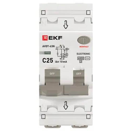 Дифавтомат 2Р 25А C тип AC 10мА 6кА 2мод АВДТ-63N EKF PROxima