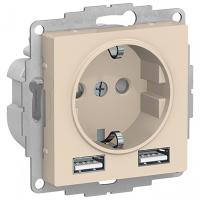 Атлас бежевый розетка скрытая 1-мест заземление шторки USB IP20 2 USB A+A, 5В/2,4А, 2х5В/1,2А