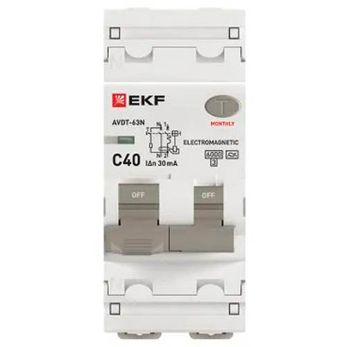 Автоматический выключатель дифференциального тока АВДТ-63N 1P+N 40А 30мА характеристика C тип A электромеханический 6кА PROXIMA EKF