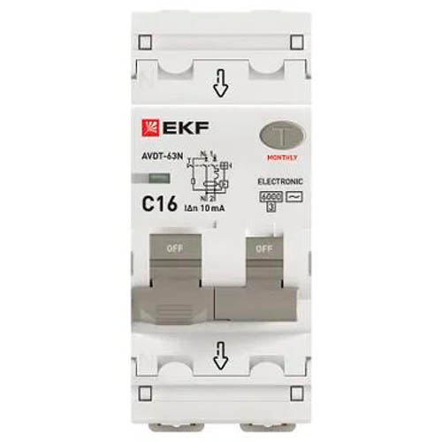 Дифавтомат 2Р 16А C тип AC 10мА 6кА 2мод АВДТ-63N EKF PROxima