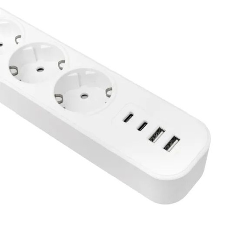 Удлинитель 5-мест 5м ПВС 3*1,5 белый выкл EKF  2USB 2,4А+2USBtype-С