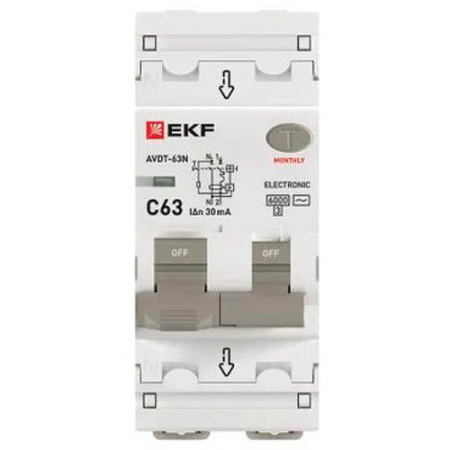 Автоматический выключатель дифференциального тока АВДТ-63N 1P+N 63А 30мА характеристика C тип AC электронный 6кА PROXIMA EKF