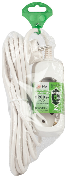Удлинитель 2-мест 5м ПВС 3*0,75 белый ЭРА  Greenline