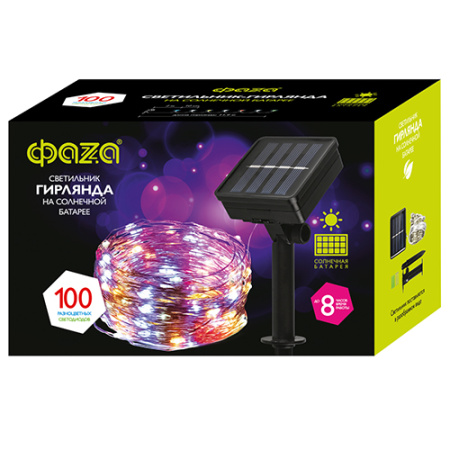 Гирлянда свд на солнечной батарее 11900мм IP55 роса 100свд RGB 8 режимов