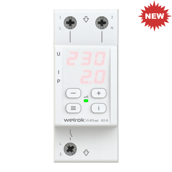 Реле напряжения и тока 1ф 63А 2мод VI-63 Welrok RED