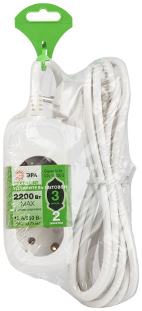 Удлинитель 2-мест 3м ПВС 3*0,75 белый ЭРА  Greenline