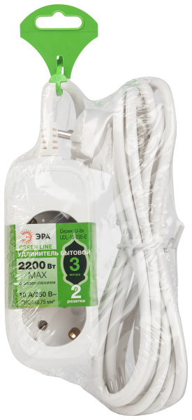 Удлинитель 2-мест 3м ПВС 3*0,75 белый ЭРА  Greenline