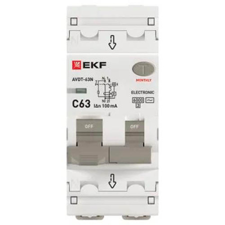 Автоматический выключатель дифференциального тока АВДТ-63N 1P+N 63А 100мА характеристика C тип AC электронный 6кА PROXIMA EKF