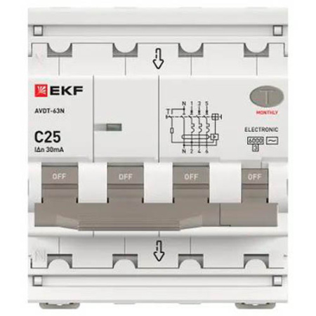 Дифавтомат 4Р 25А C тип AC 30мА 6кА 4мод АВДТ-63N EKF PROxima
